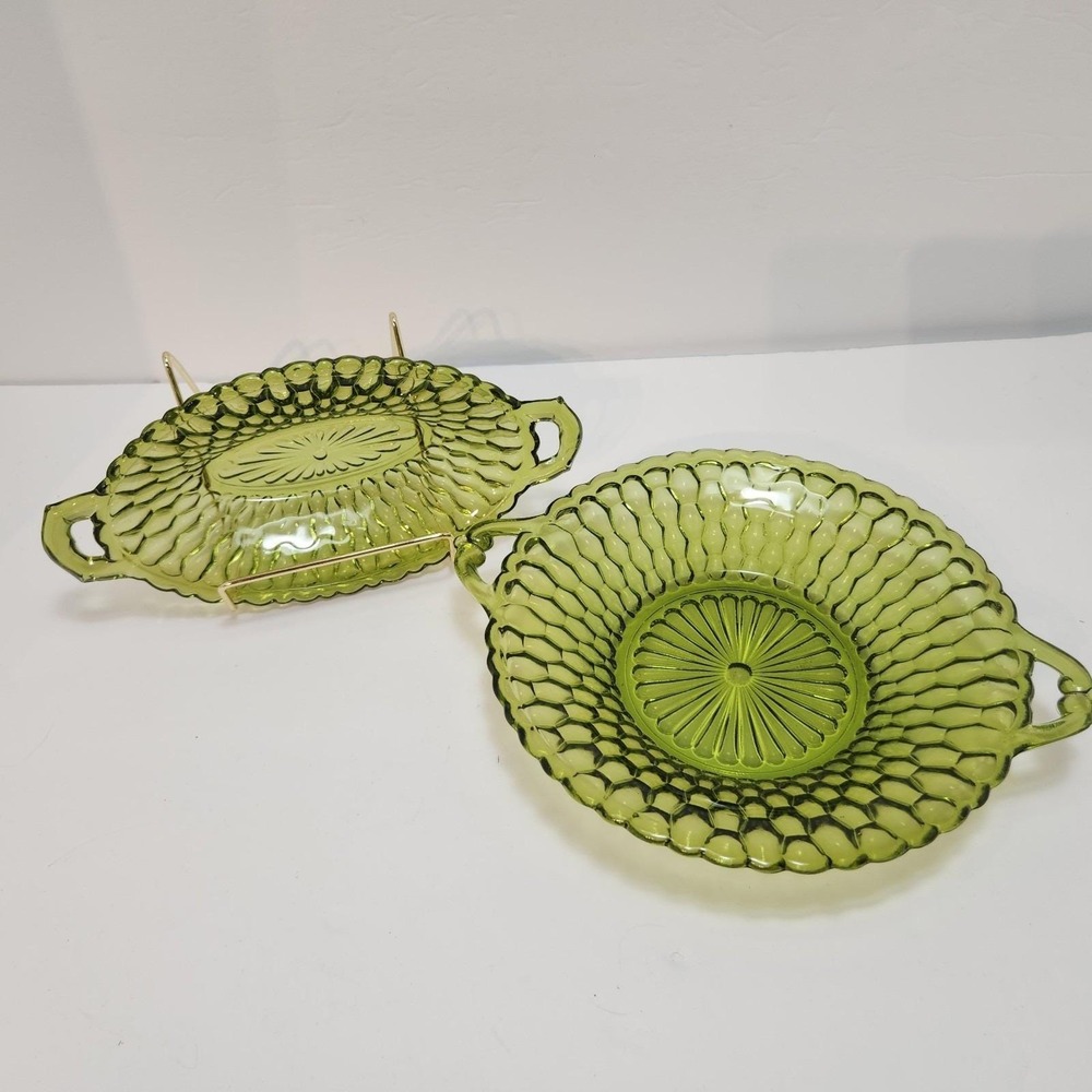 Indiana Glass Avocado Green Honeycomb Serving Dishes,‎ 2 pieces - Picture 8 of 11
